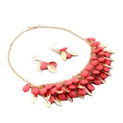 Coral and Gold Leaf Bib Necklace and Earrings SET